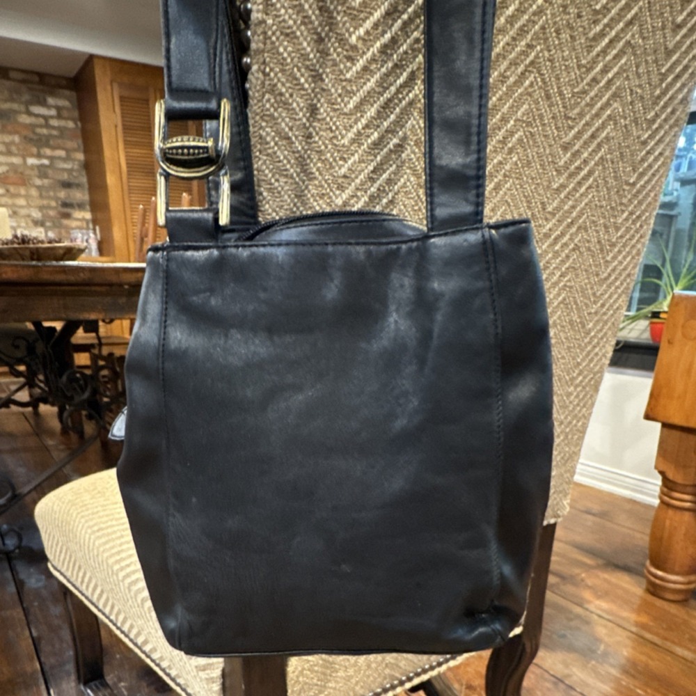 Saddle River Black Shoulder Bag with Brass Hardware, Buckle & Inner Pockets
